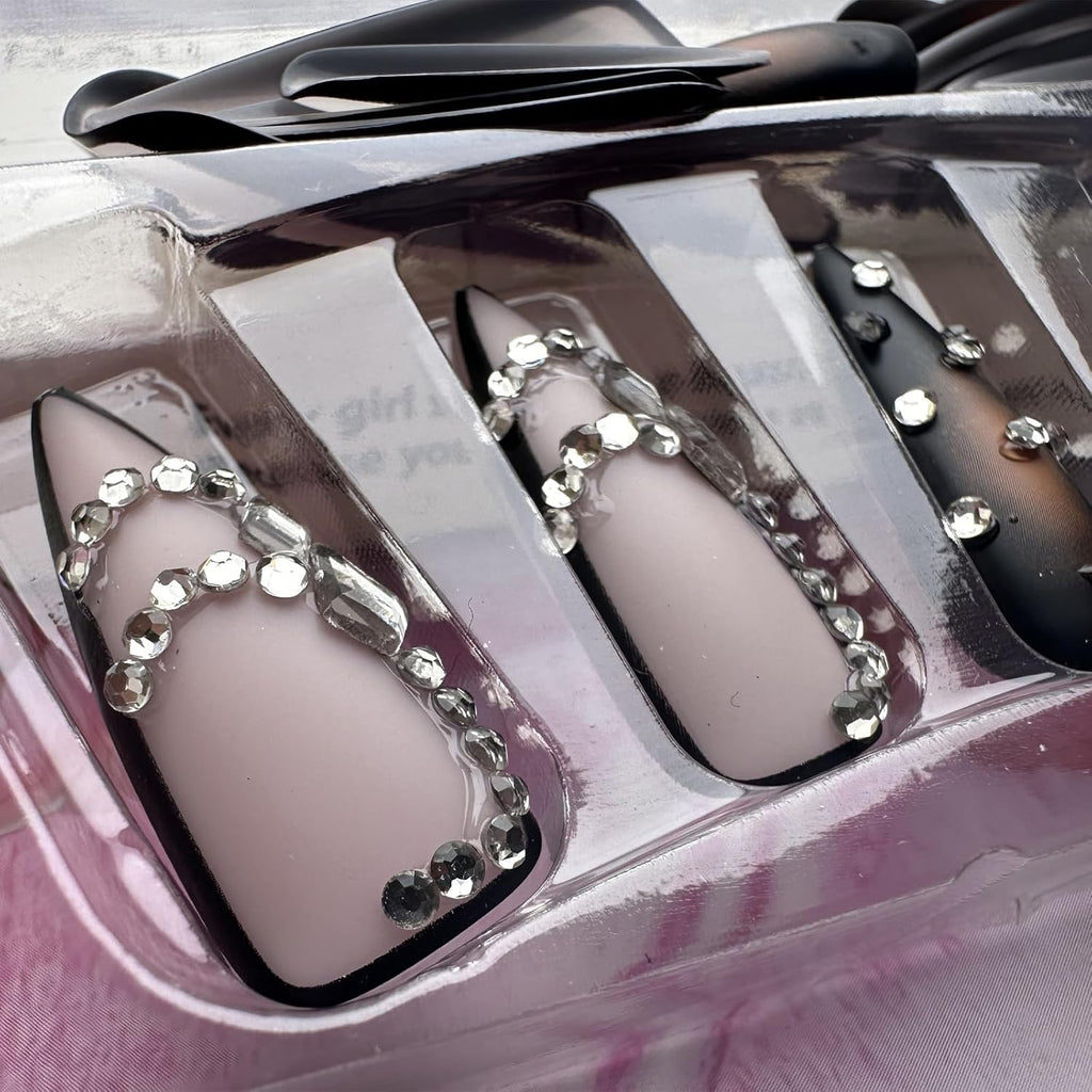 Brown Luxury Press on Nails - Long Stiletto Pointed Fake Nails with French Tips, Rhinestones, Sharp Goth Black Ombre Acrylic Designs, Glossy Glue on Nails for Women - 24Pcs