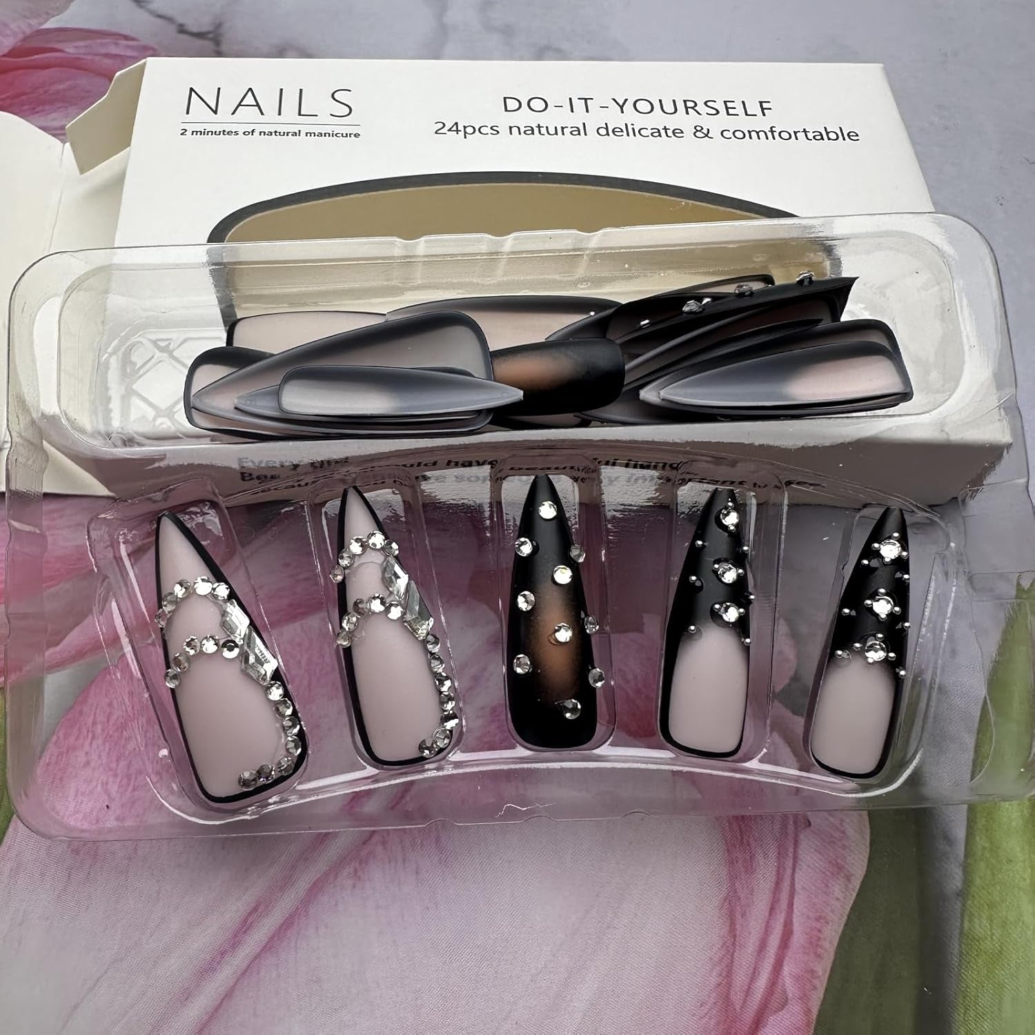 Brown Luxury Press on Nails - Long Stiletto Pointed Fake Nails with French Tips, Rhinestones, Sharp Goth Black Ombre Acrylic Designs, Glossy Glue on Nails for Women - 24Pcs