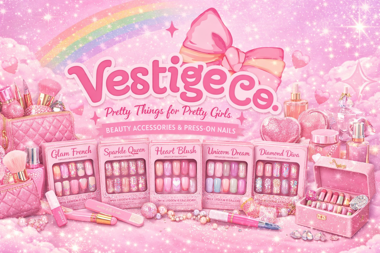VESTIGE CO. beauty accessories and press-on nails on a glittery soft pink rain"bow" background with hearts & unicorn clouds
