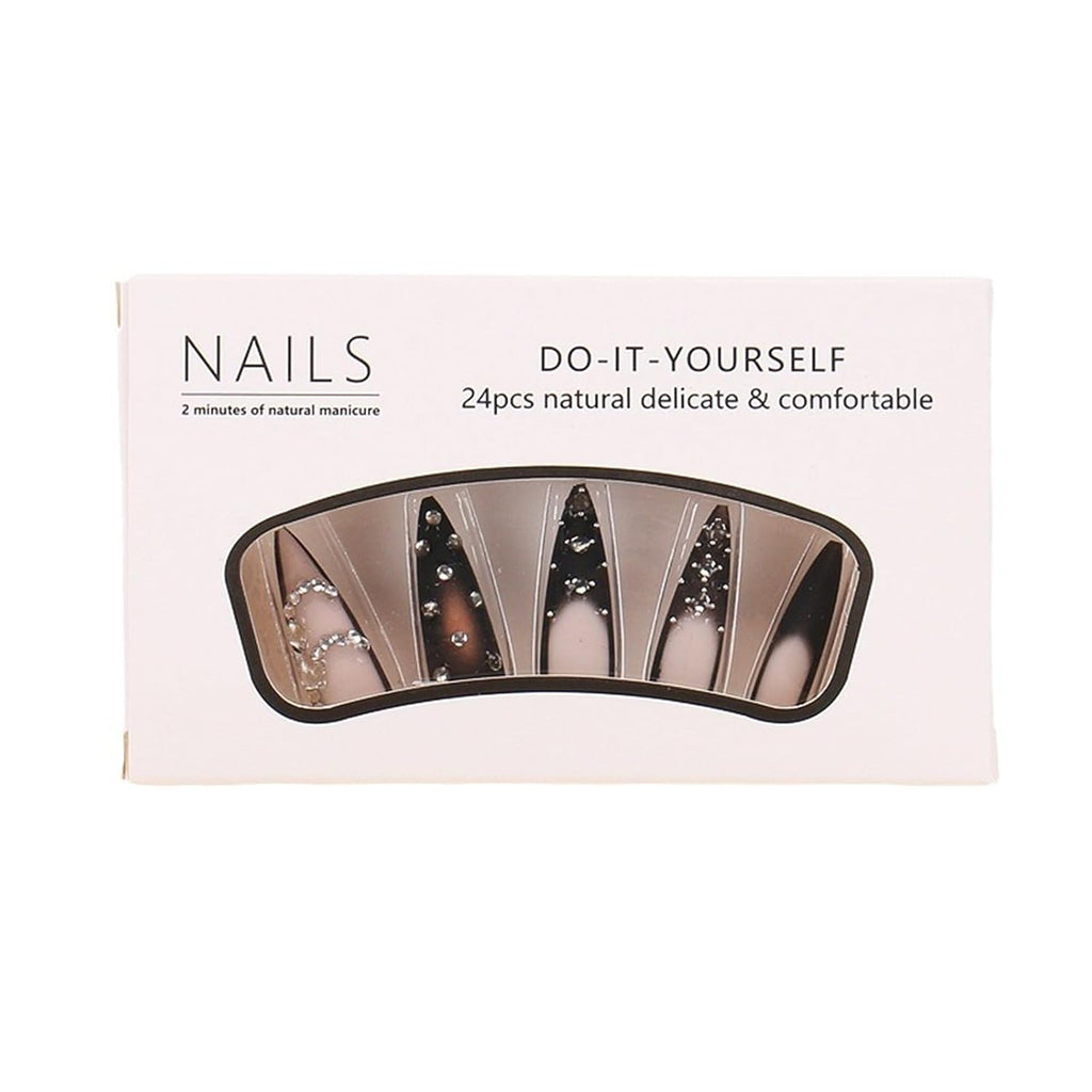 Brown Luxury Press on Nails - Long Stiletto Pointed Fake Nails with French Tips, Rhinestones, Sharp Goth Black Ombre Acrylic Designs, Glossy Glue on Nails for Women - 24Pcs