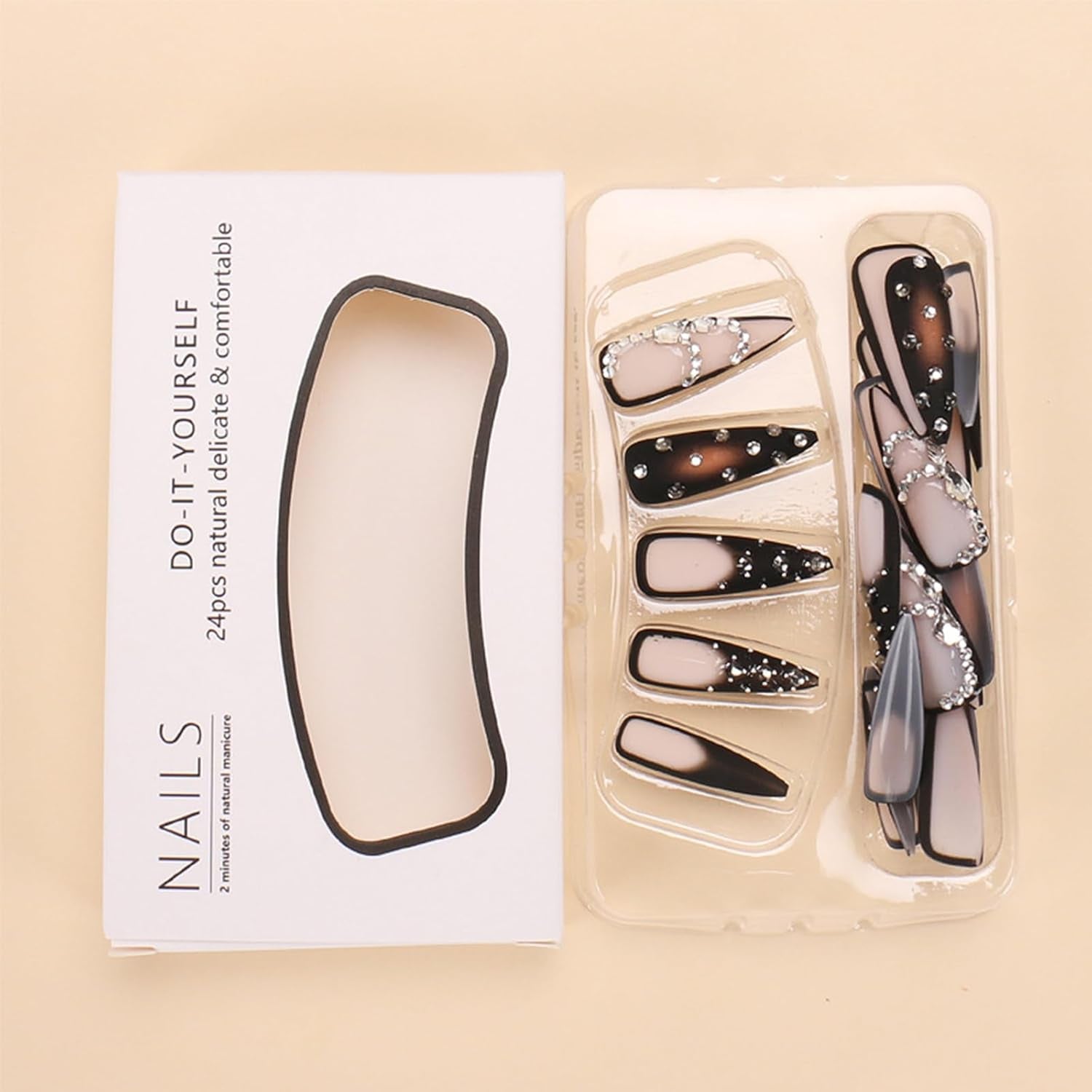 Brown Luxury Press on Nails - Long Stiletto Pointed Fake Nails with French Tips, Rhinestones, Sharp Goth Black Ombre Acrylic Designs, Glossy Glue on Nails for Women - 24Pcs