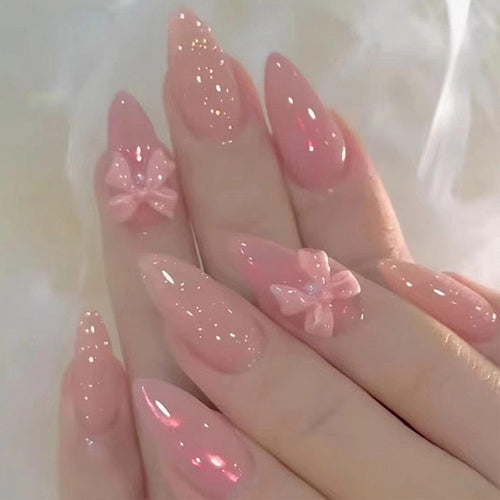 Almond Press on Nails - Medium French Tips Pink Glossy Full Cover Nails for Women - 30 Pcs/Set (Pink Bow Nails)